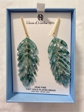 House of Harlow 1960 Teal Marbled Leaf Cascade Earrings - Gold Plated